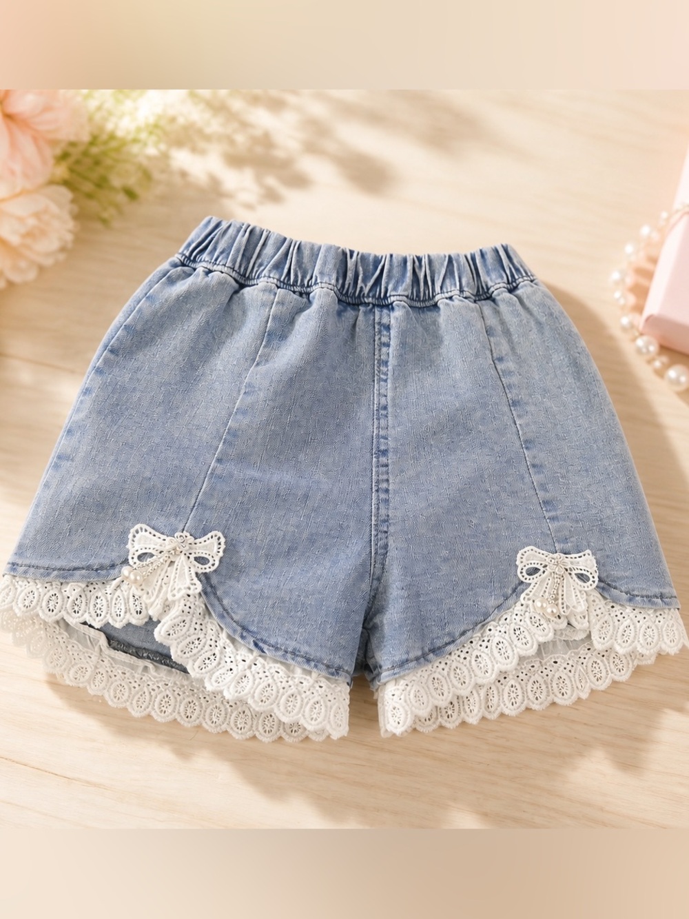 NWT Doe A Dear Girls Denim Jean Shorts Eyelet Lace Bow Pearl Motif Accents - 5T